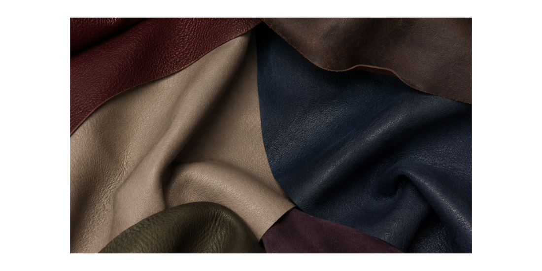 Different leather textures in burgundy, brown, cream, navy and olive