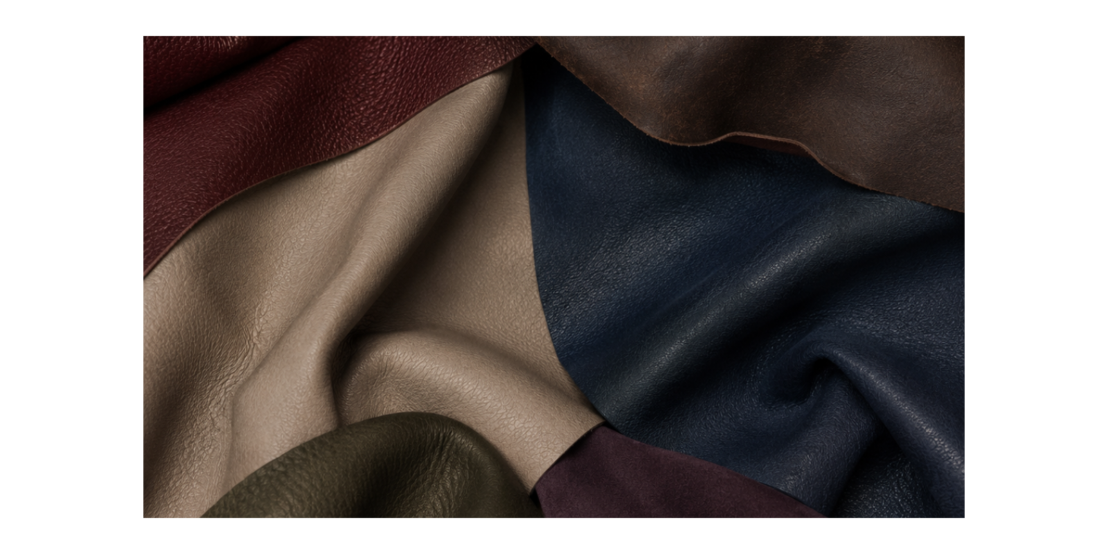 Different leather textures in burgundy, brown, cream, navy and olive