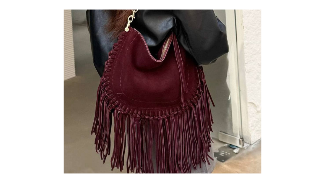 Burgundy suede fringe handbag featured in Fall 2026 handbag trends