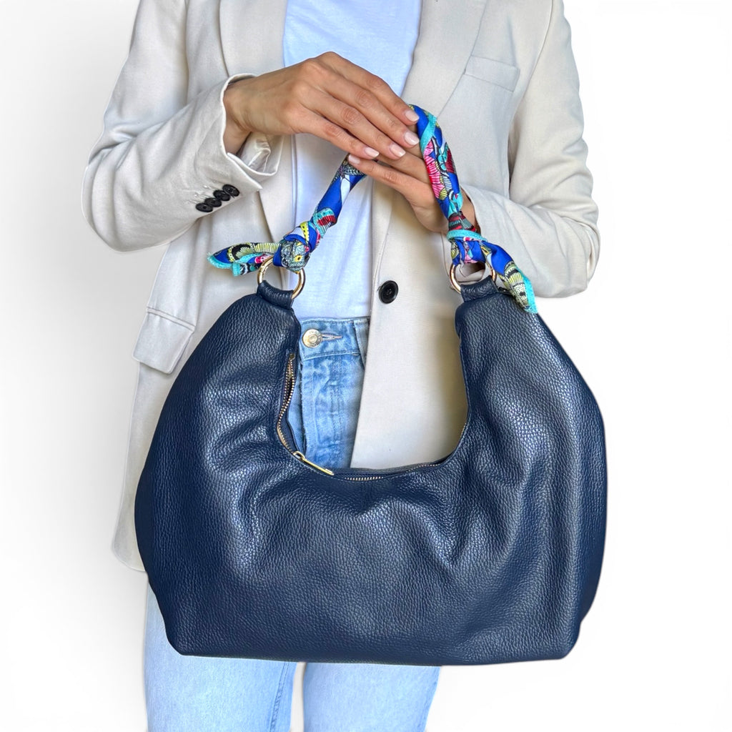 Fiorenza convertible Italian leather handbag styled with silk scarf and chain handle