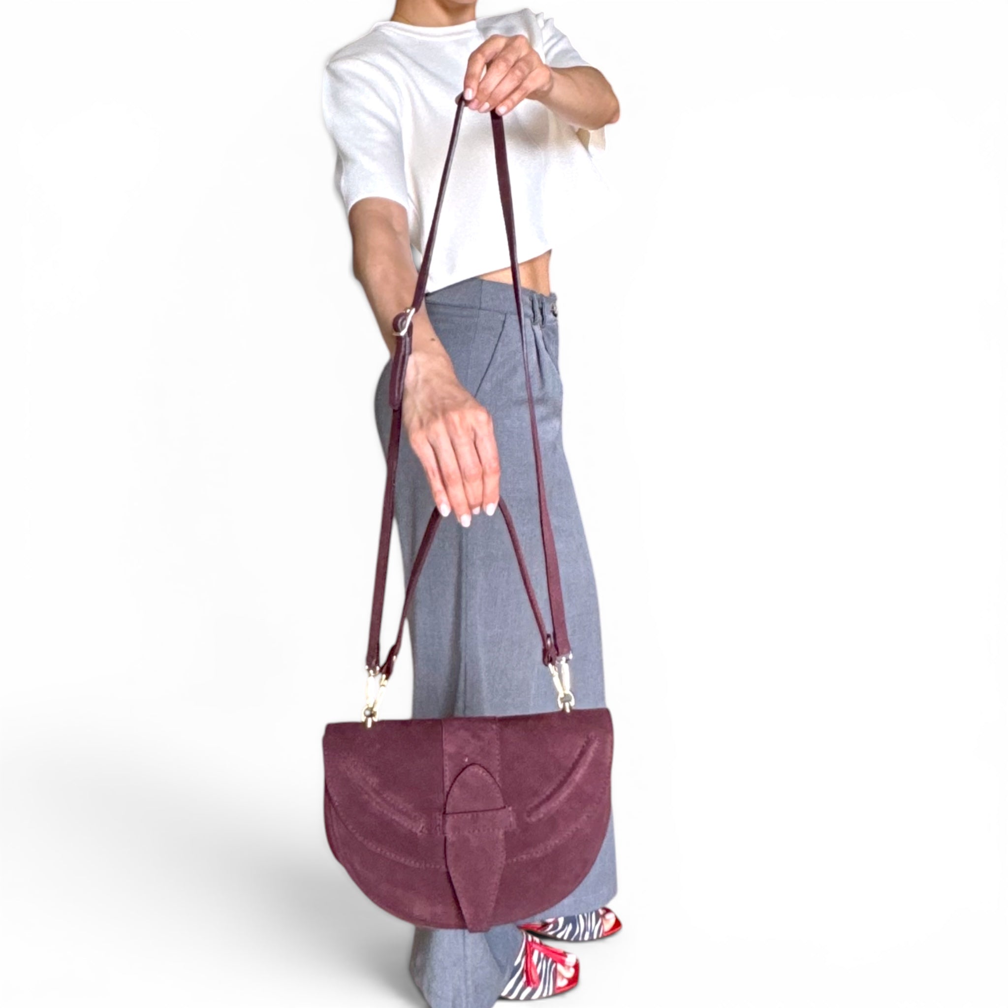 Giulietta Italian Suede Crescent Shoulder Bag – Structured Luxury Handbag Made in Italy