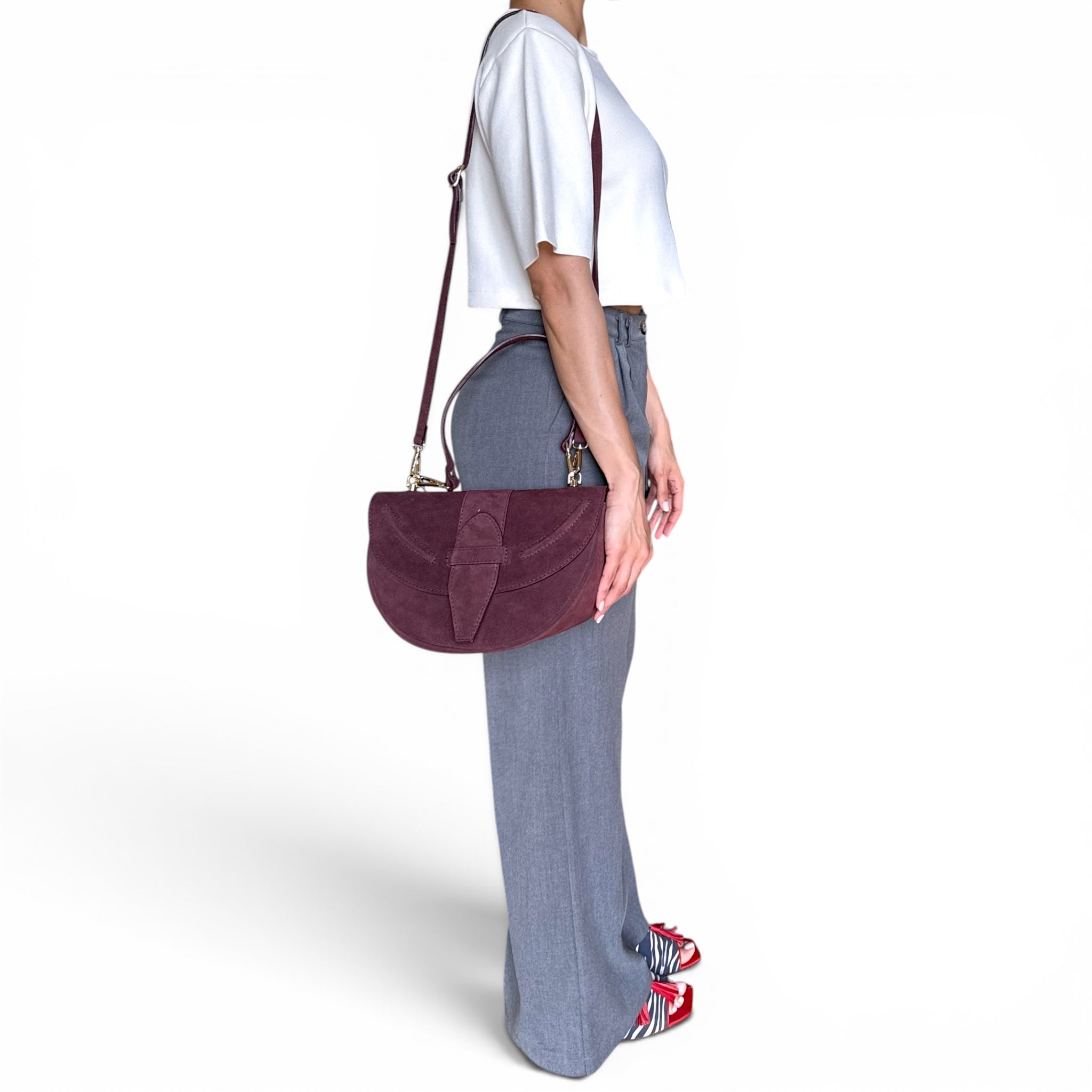 Giulietta Italian Suede Crescent Shoulder Bag – Structured Luxury Handbag Made in Italy