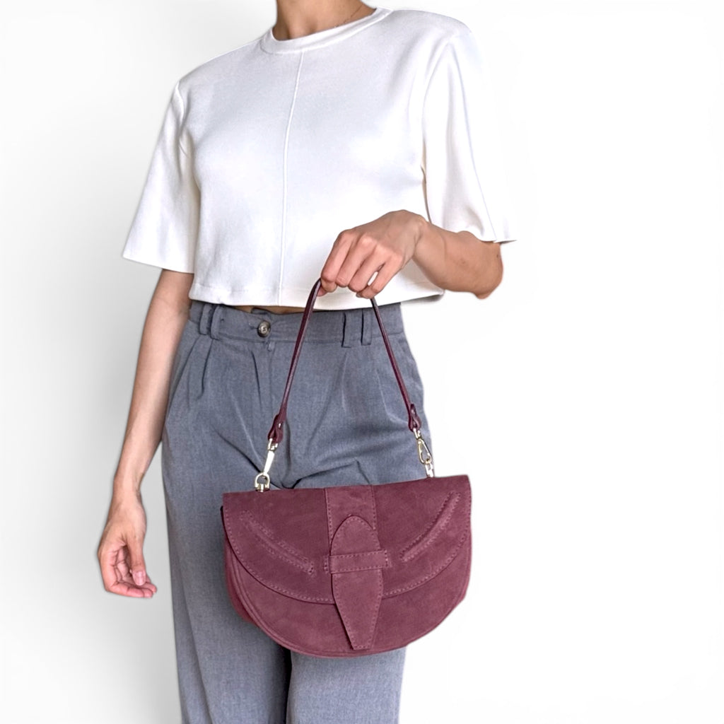 Giulietta Italian Suede Crescent Shoulder Bag – Structured Luxury Handbag Made in Italy
