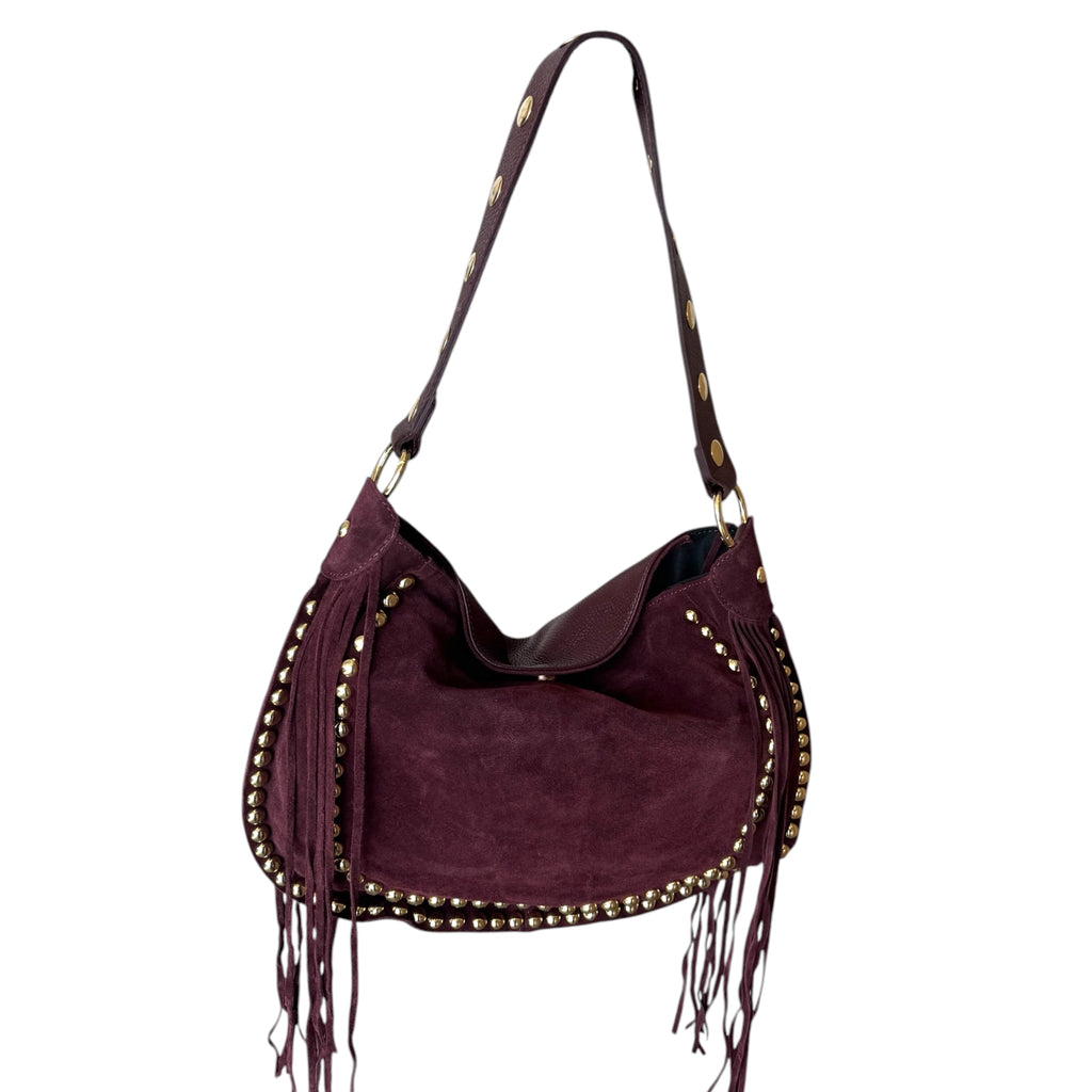 Ribelle Italian Suede Fringe Bag – Studded Leather Hobo Shoulder