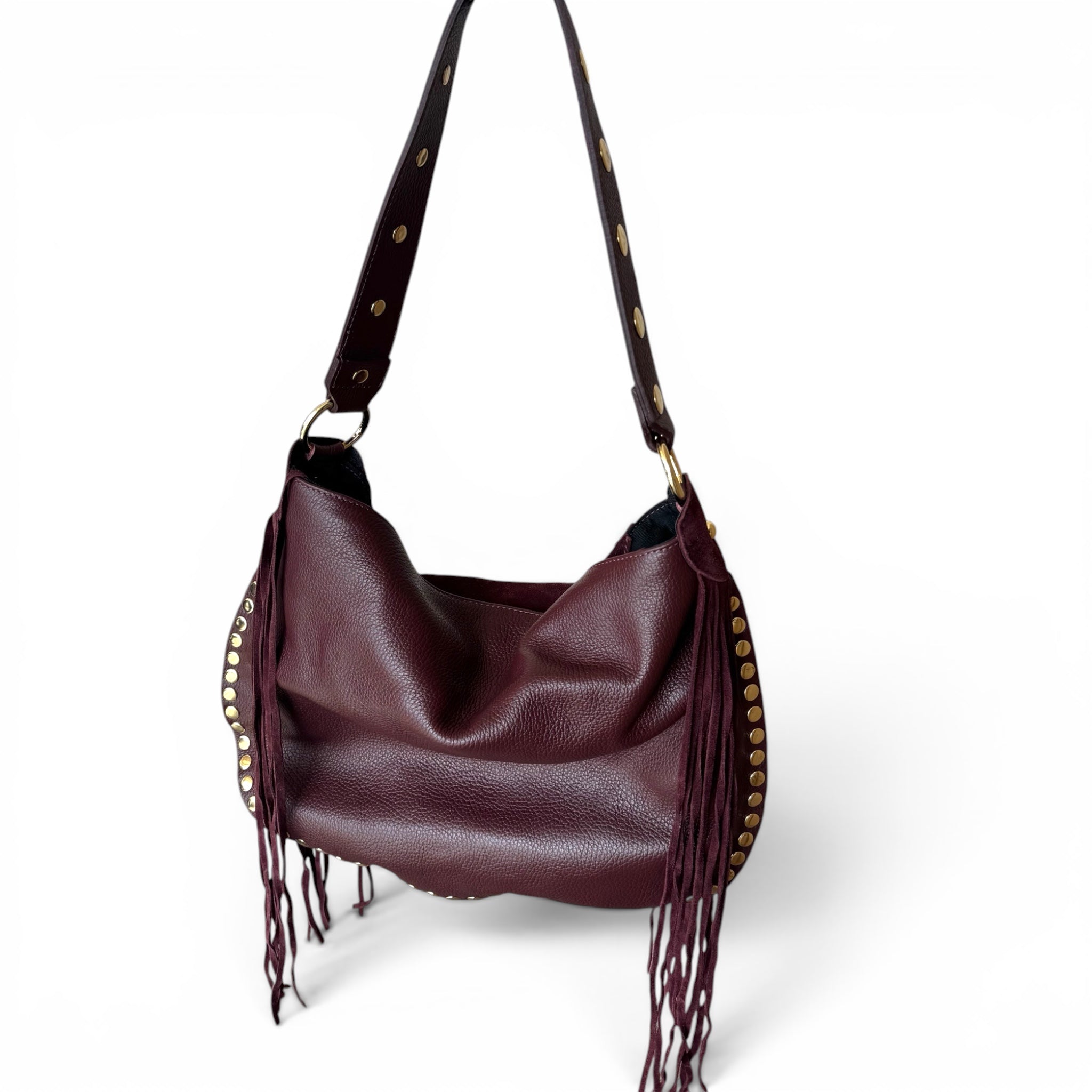 Ribelle Italian Suede Fringe Bag – Studded Leather Hobo Shoulder