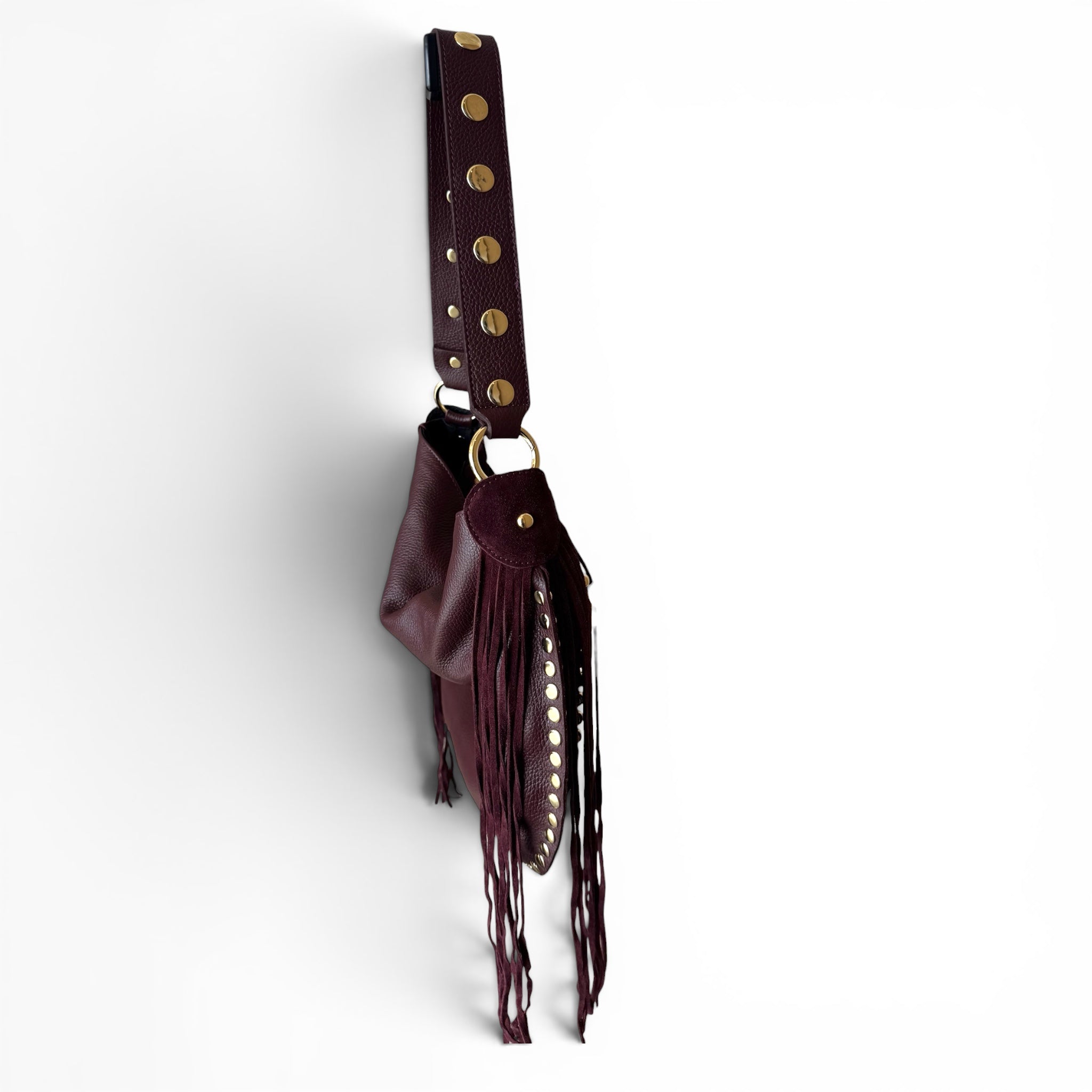 Ribelle Italian Suede Fringe Bag – Studded Leather Hobo Shoulder