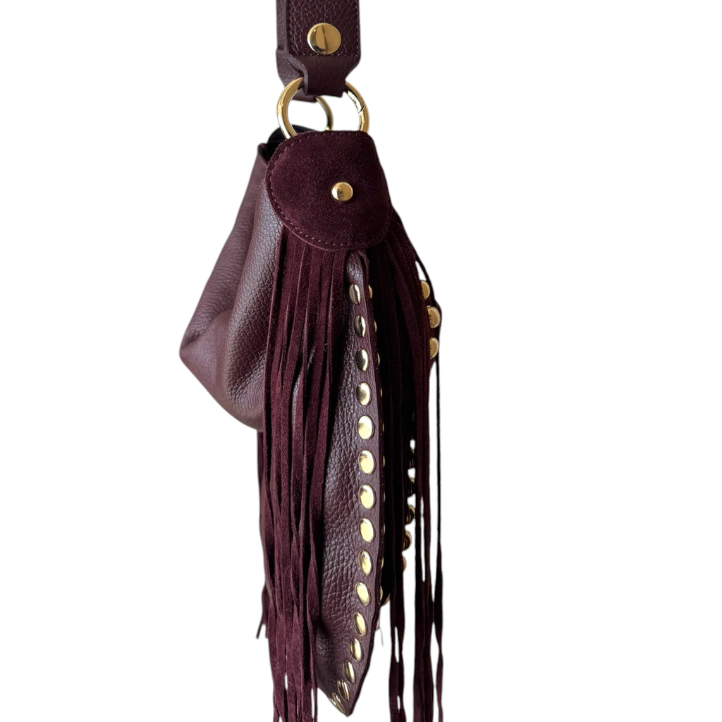 Ribelle Italian Suede Fringe Bag – Studded Leather Hobo Shoulder