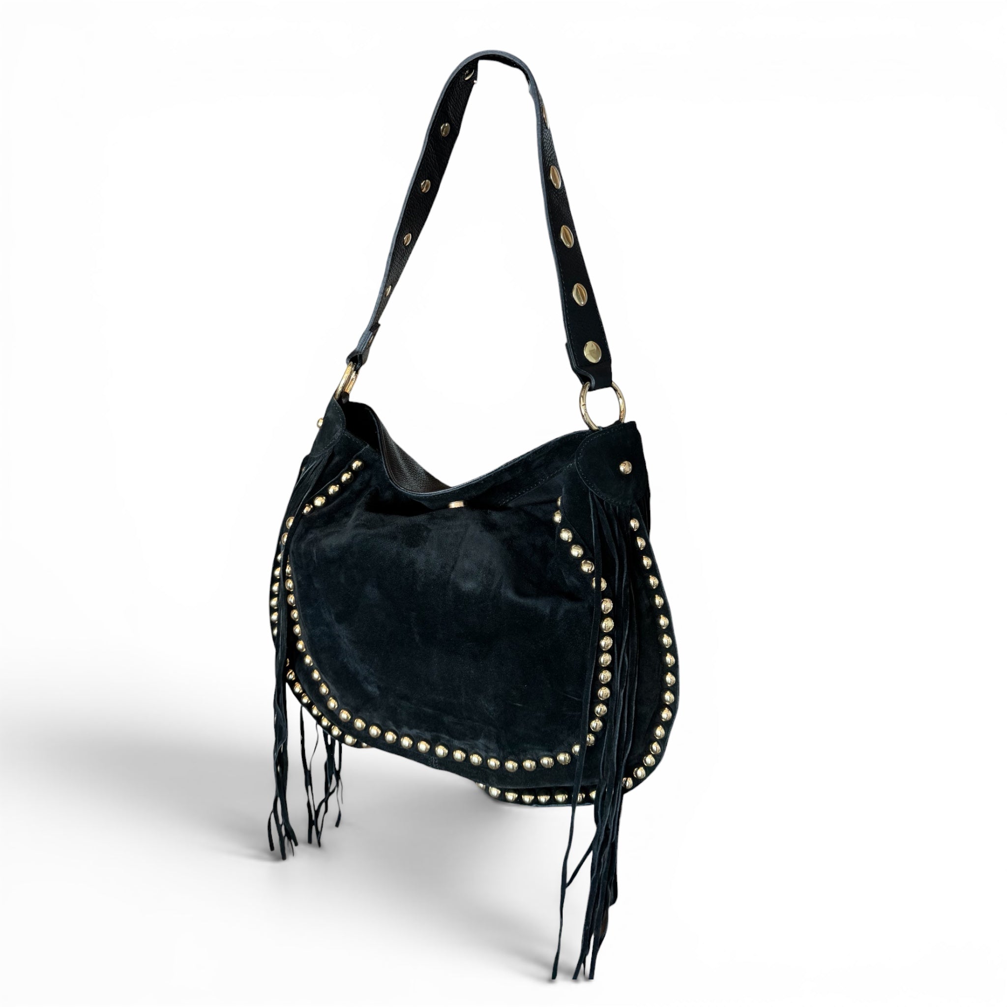 Ribelle Italian Suede Fringe Bag – Studded Leather Hobo Shoulder