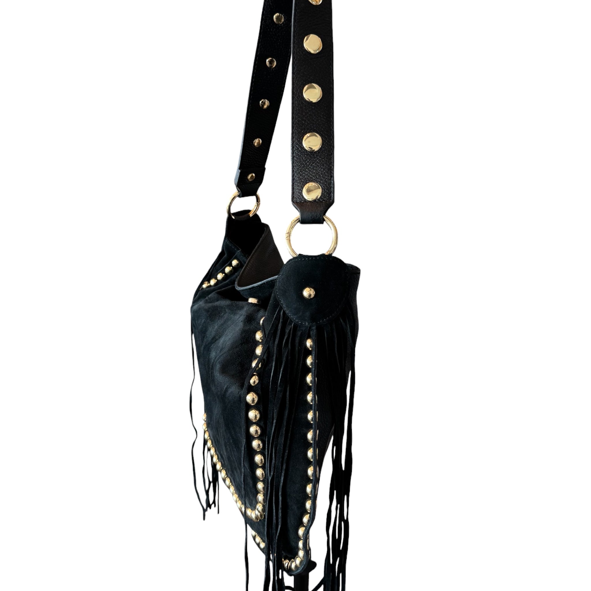Ribelle Italian Suede Fringe Bag – Studded Leather Hobo Shoulder