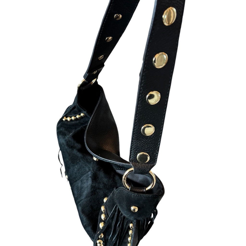 Ribelle Italian Suede Fringe Bag – Studded Leather Hobo Shoulder