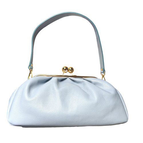 soft sky blue Italian leather kiss lock frame bag front view