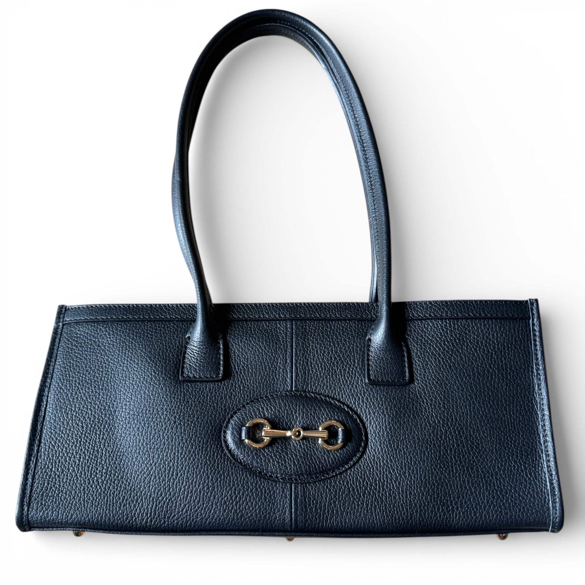 VITTORIA black Italian leather horsebit shoulder bag front view