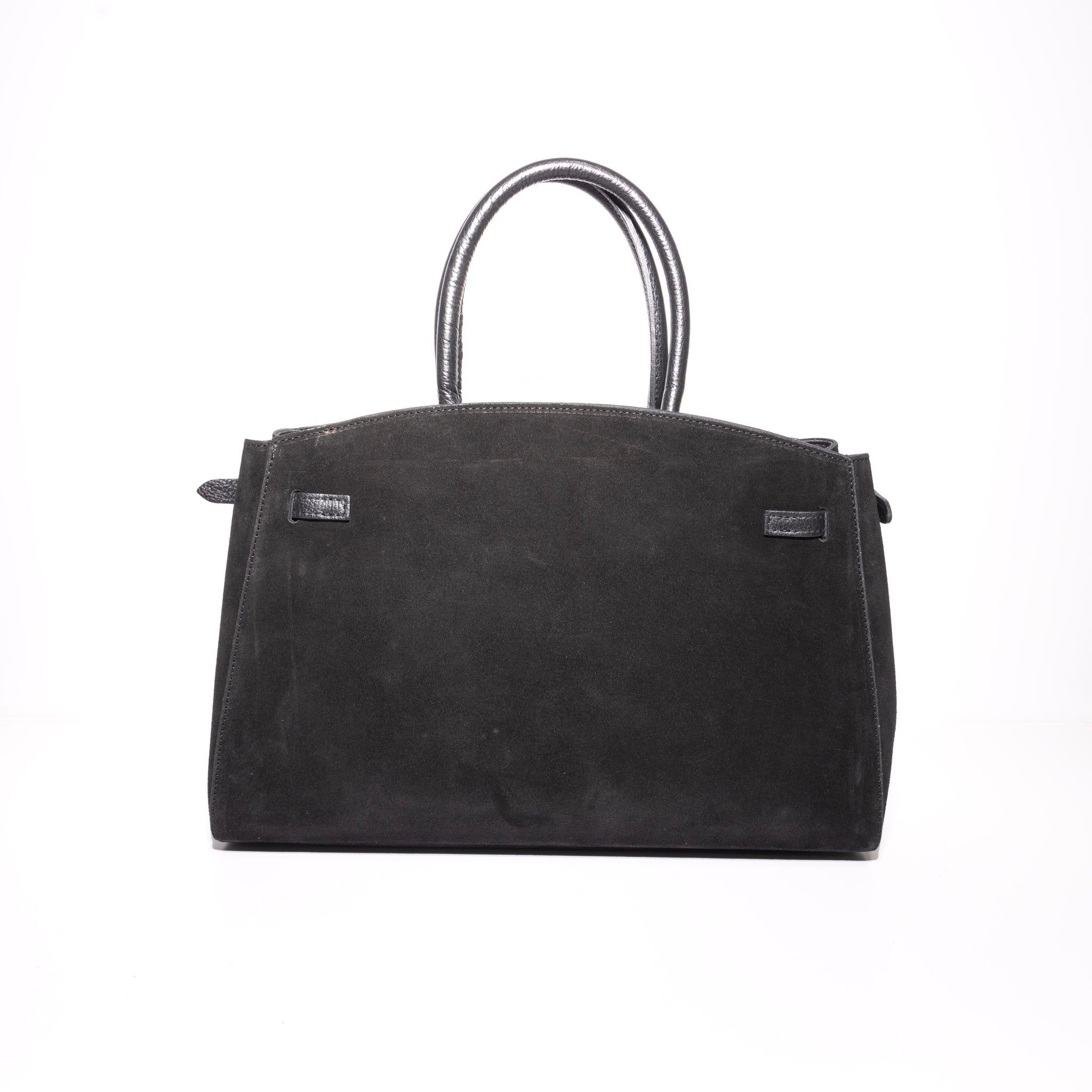 black suede handbag back view