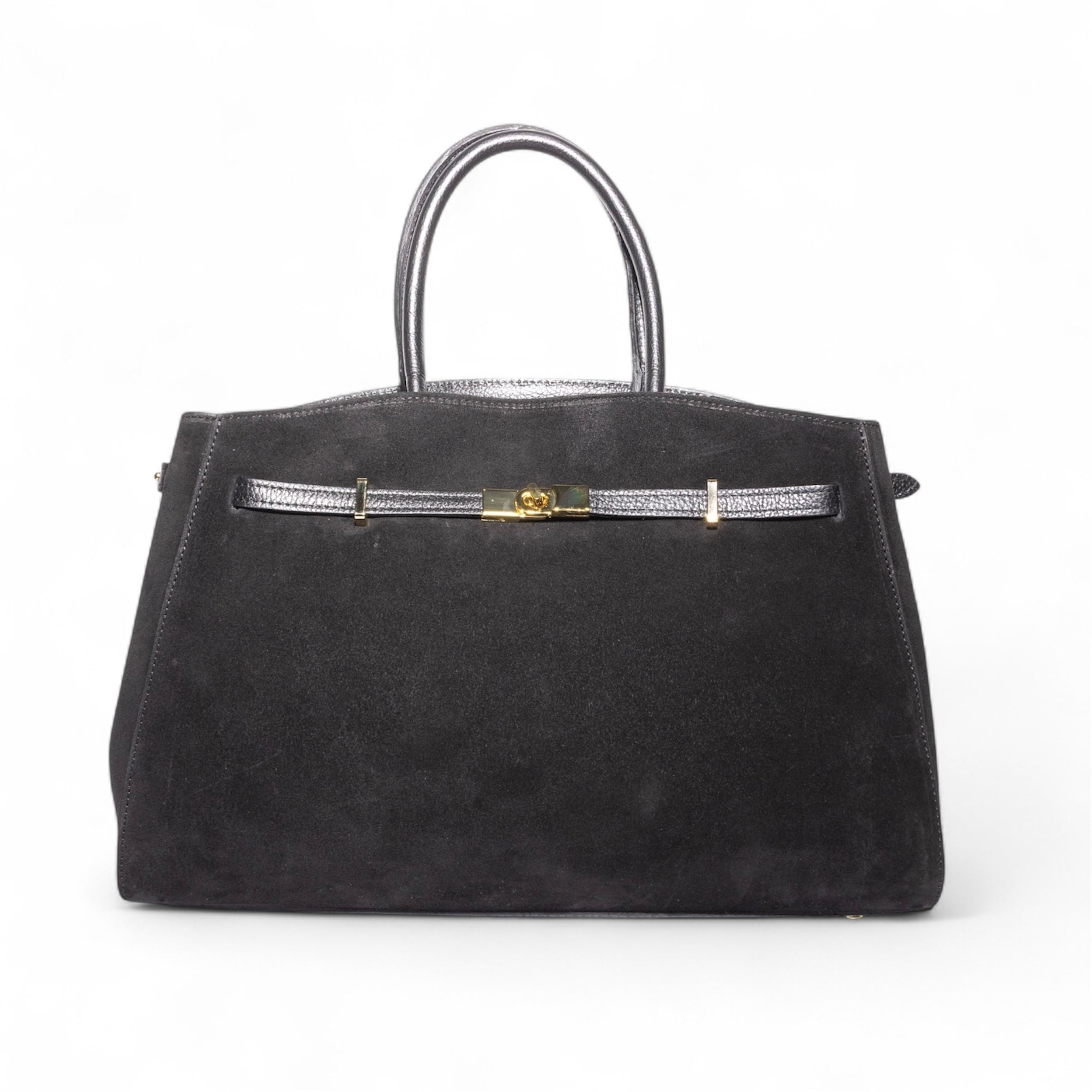 black suede italian leather handbag front view