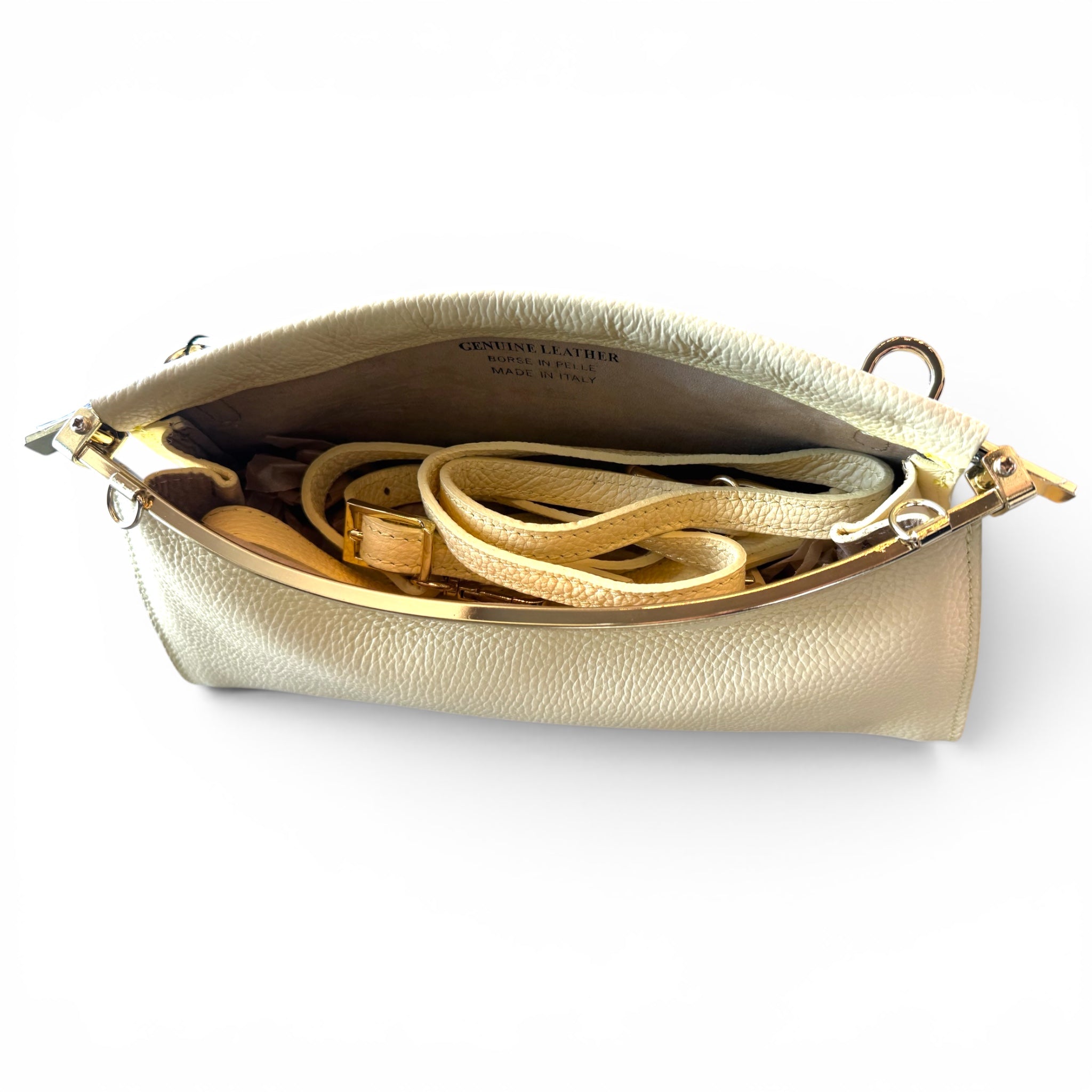 Structured butter cream leather evening bag handcrafted in Italy