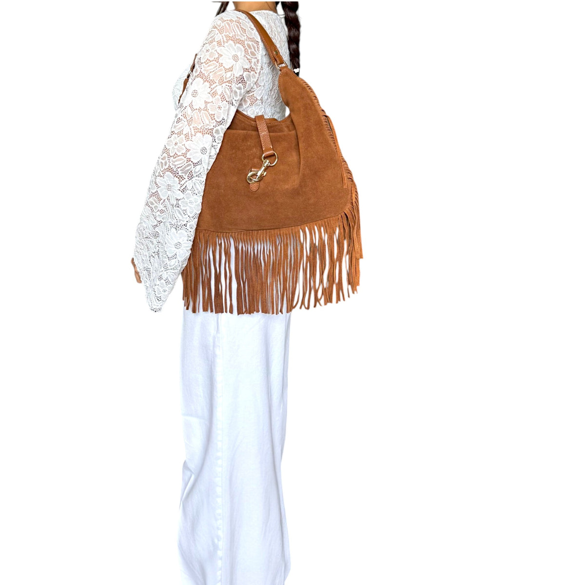 Italian leather and suede fringe bag worn on the shoulder