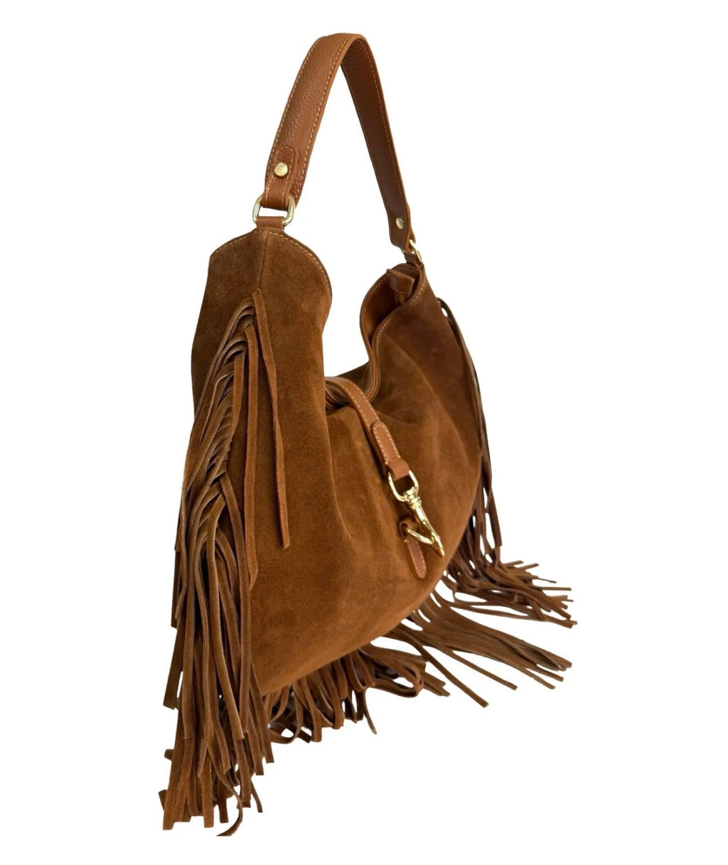 Italian suede fringe shoulder bag in camel brown