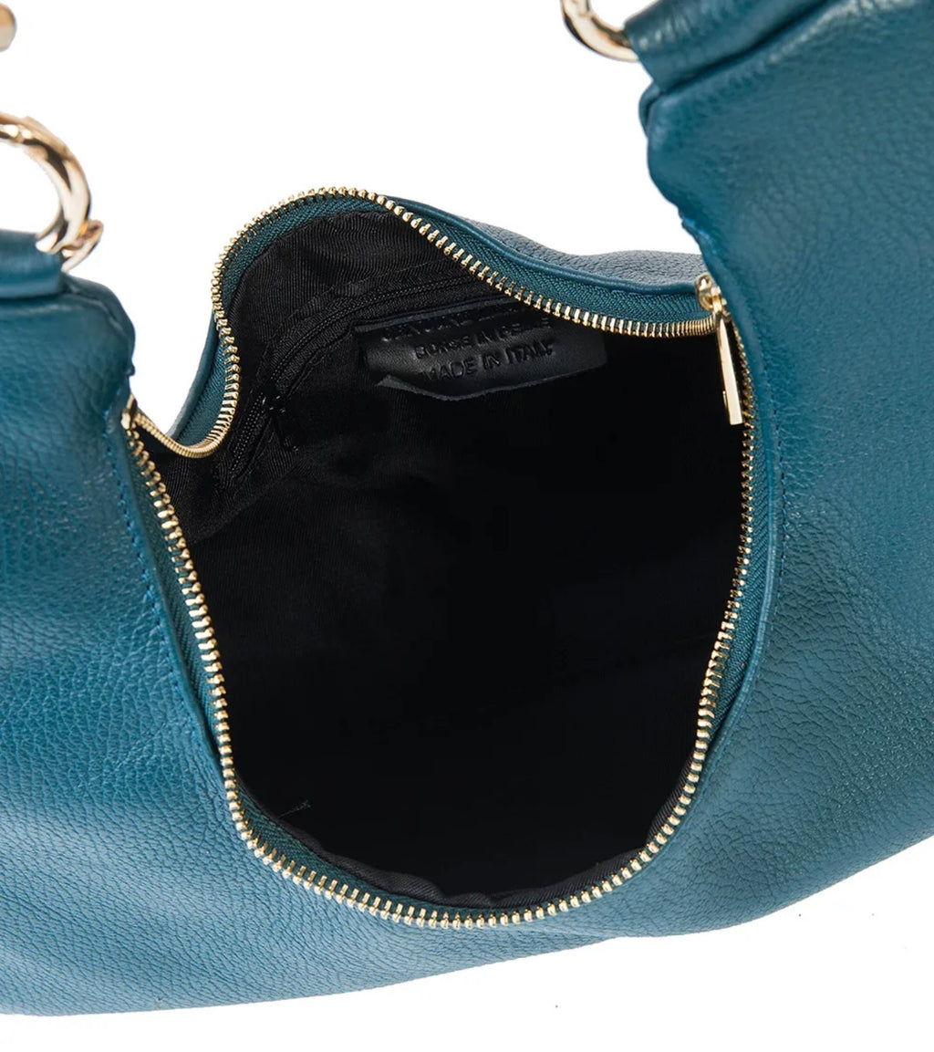 Fiorenza petrol blue Italian leather hobo bag with gold chain handle handmade in Italy