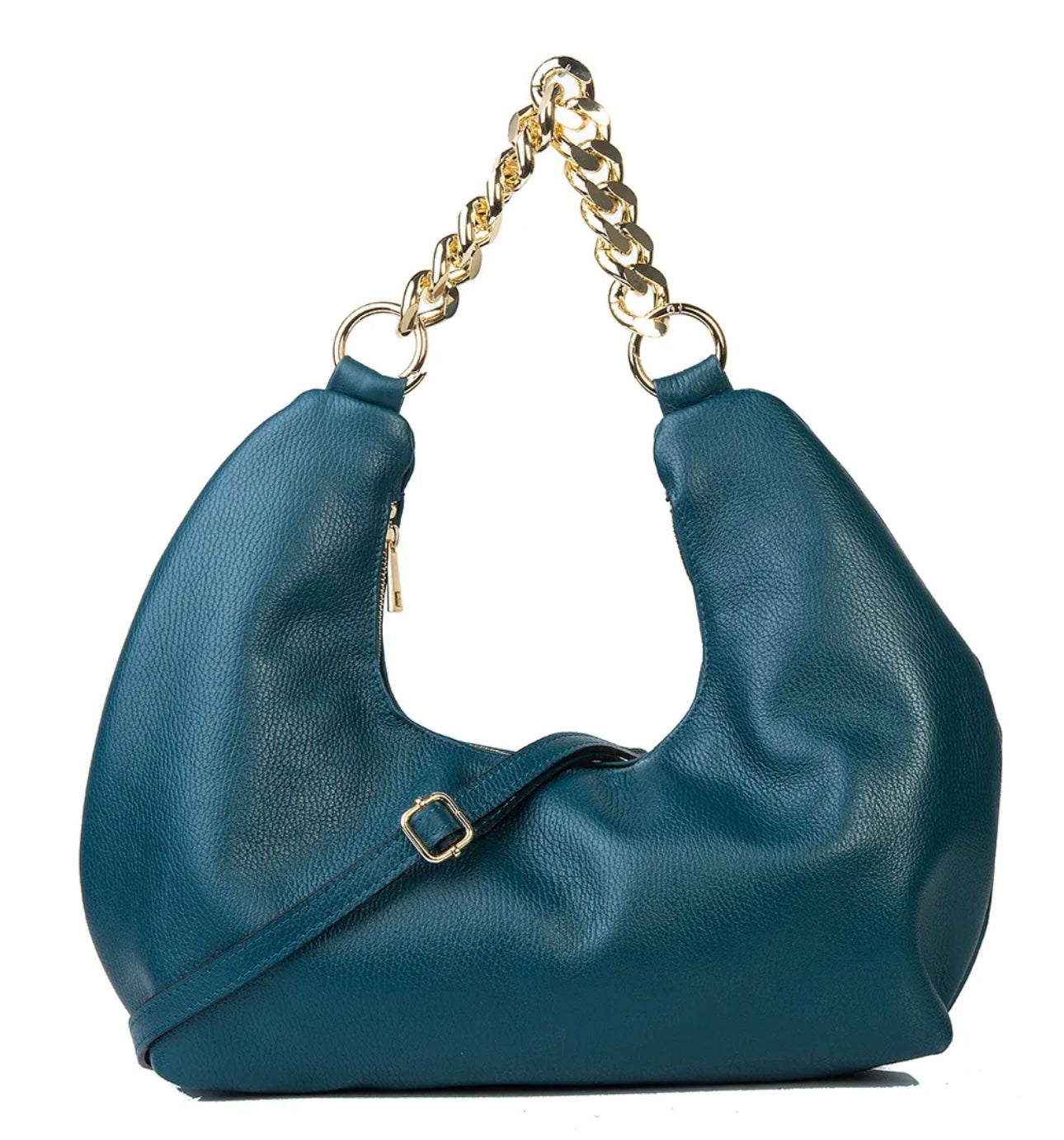 Gold chain handle detail on Fiorenza petrol blue Italian leather handbag