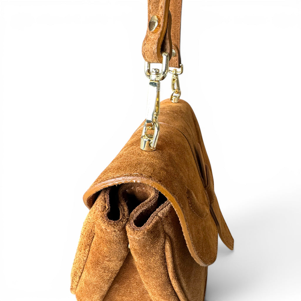 Giulietta Camel Suede Shoulder Bag Close Up