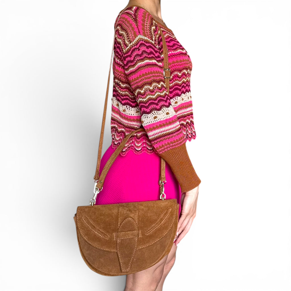 Giulietta Camel Suede Crescent Handbag Front Detail