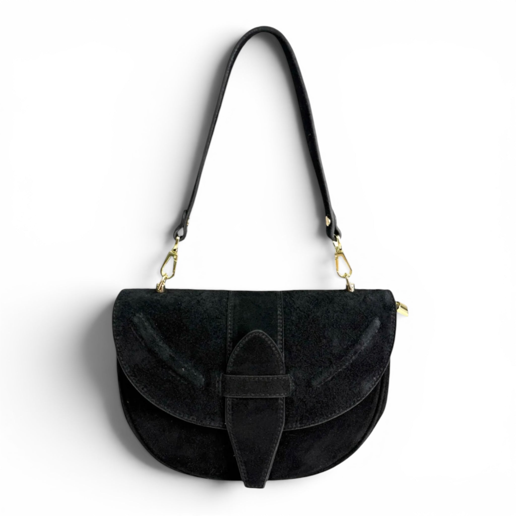 Giulietta Italian Suede Crescent Shoulder Bag Black Front View