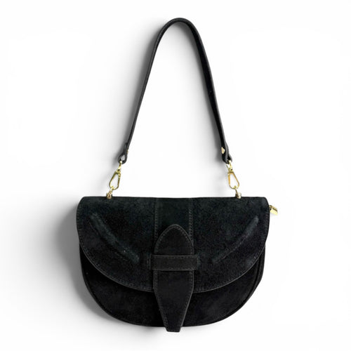 Giulietta Italian Suede Crescent Shoulder Bag Black Front View
