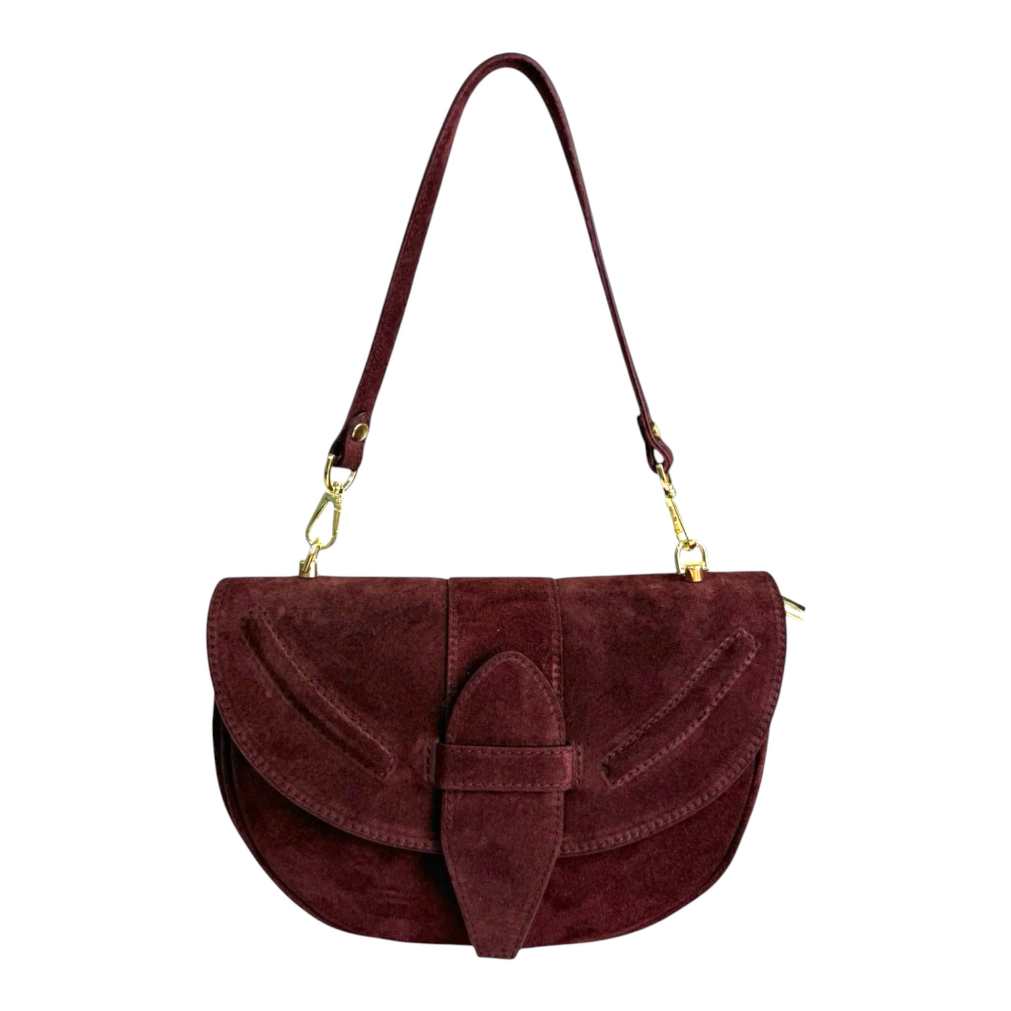 Giulietta Italian Suede Crescent Shoulder Bag Burgundy Front View