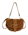 Giulietta Italian Suede Crescent Shoulder Bag Camel Front View