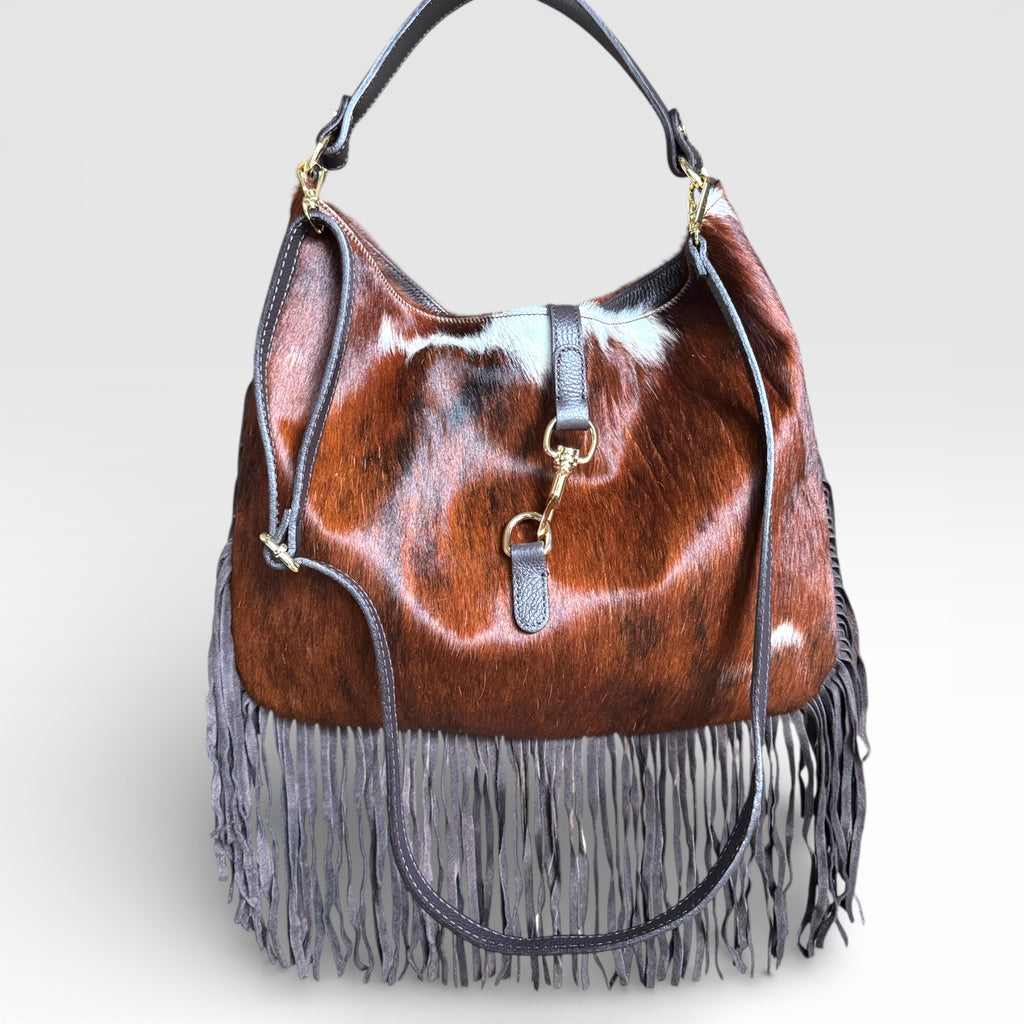 Italian hair calf leather fringe shoulder bag handcrafted in Italy front view.