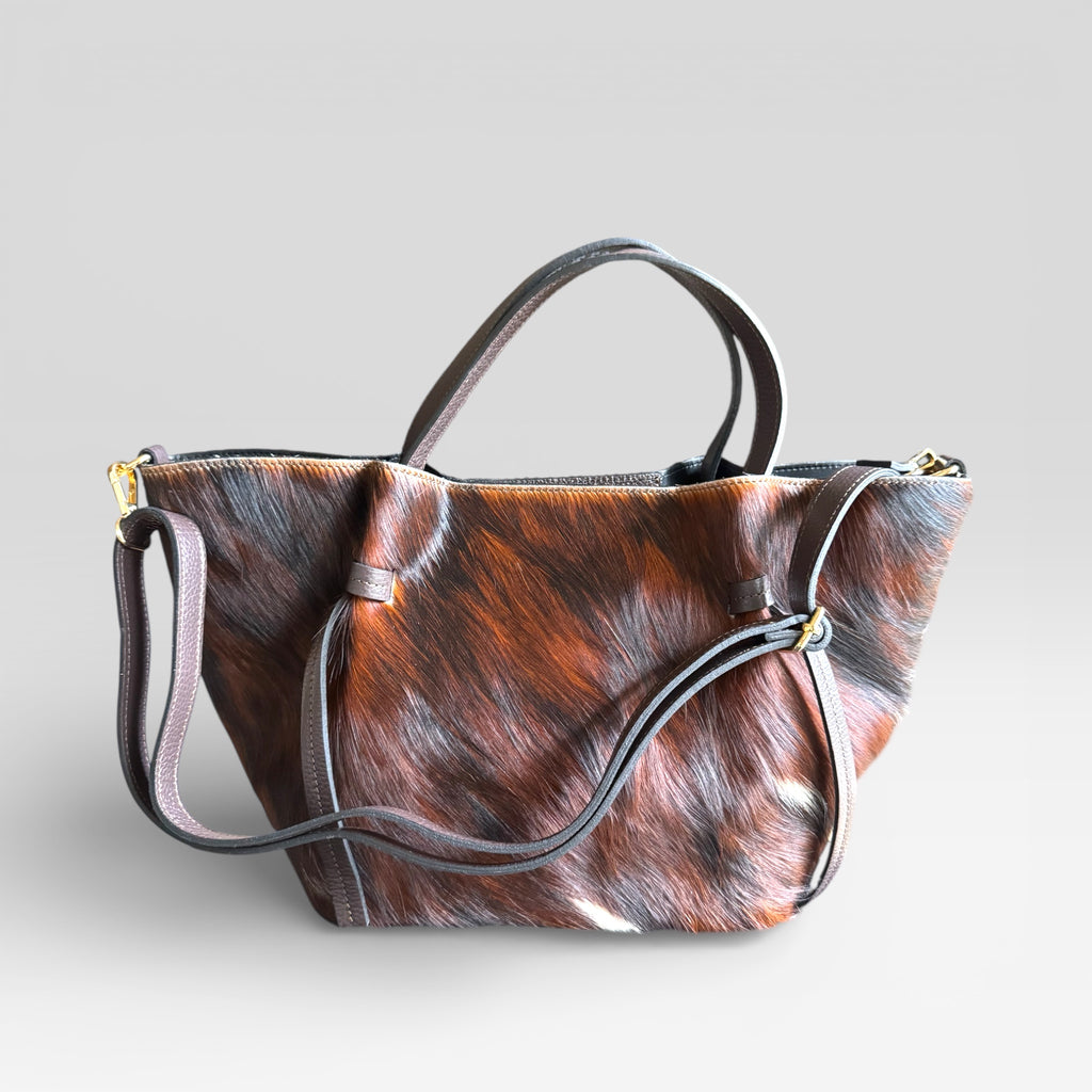 handmade Italian hair calf leather tote bag with natural one-of-a-kind pattern.