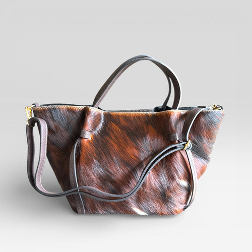 handmade Italian hair calf leather tote bag with natural one-of-a-kind pattern.