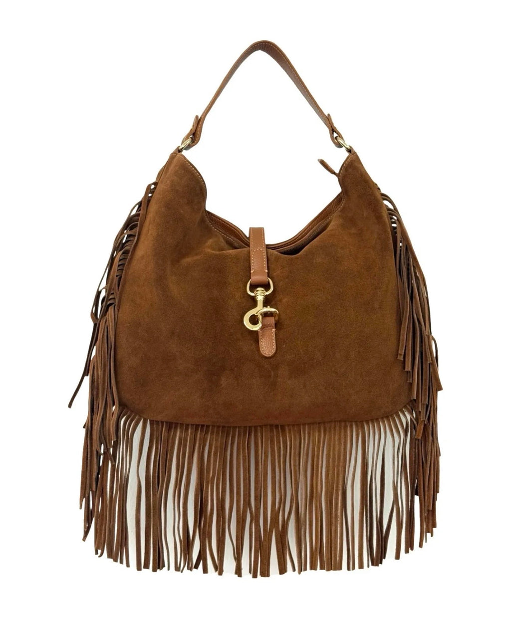 Camel suede hobo bag with long fringe and gold-tone hardware