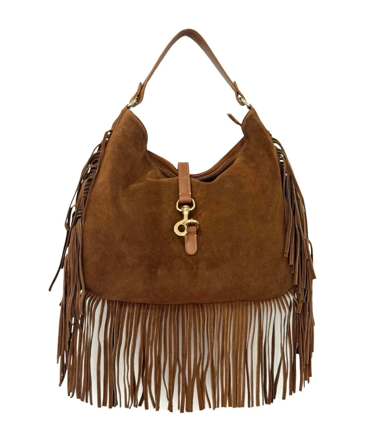 Camel suede hobo bag with long fringe and gold-tone hardware