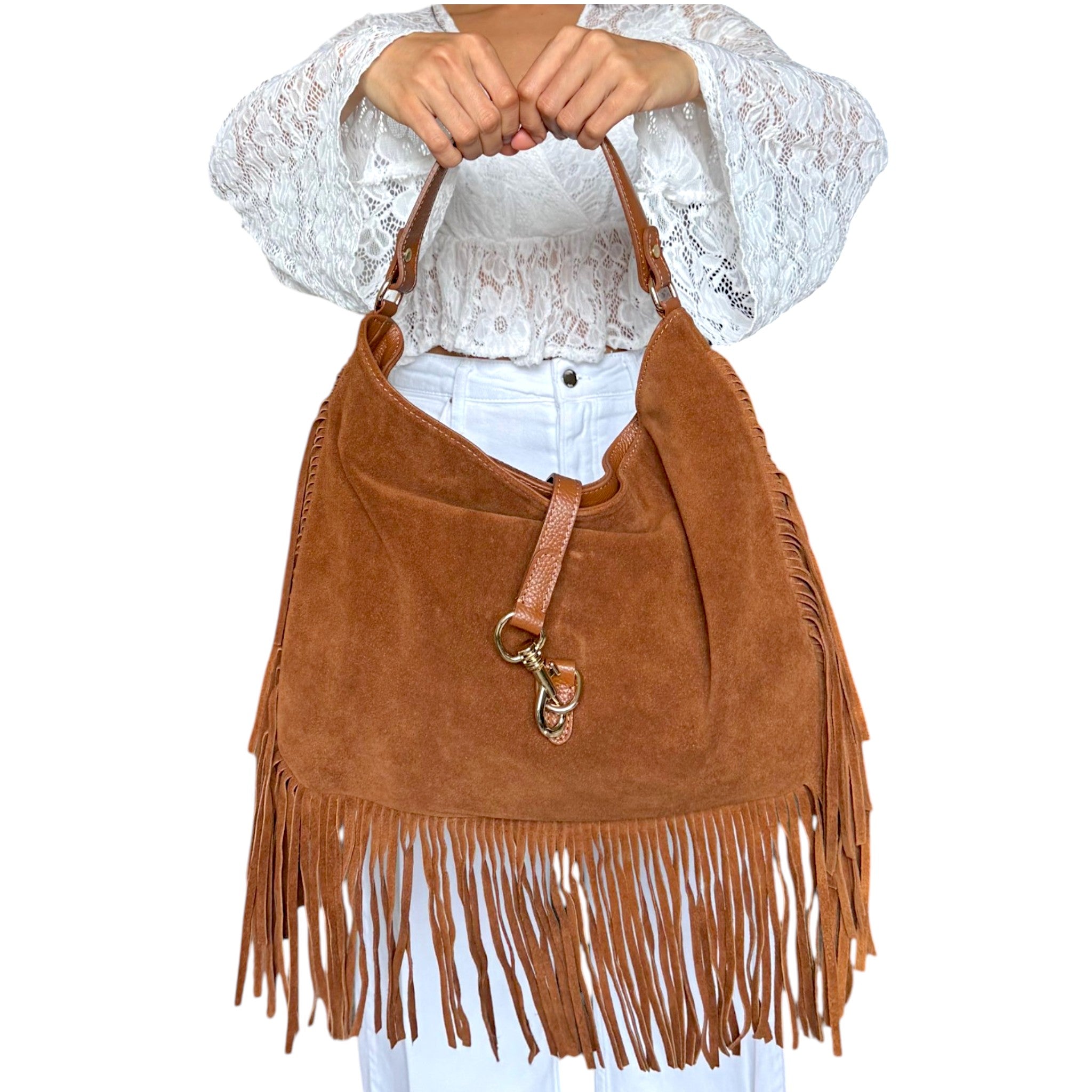 SERENA Italian suede fringe hobo bag with leather trim