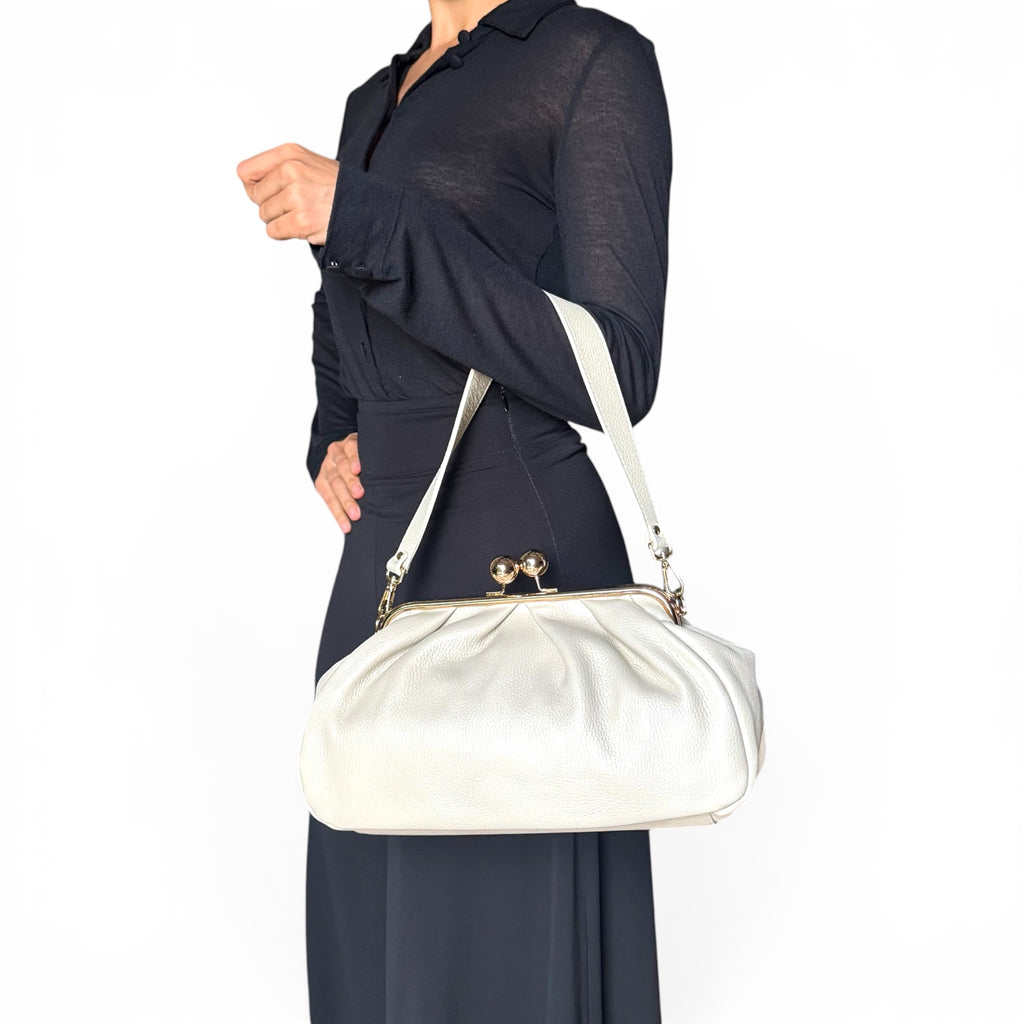 Large cream leather frame bag with gold hardware