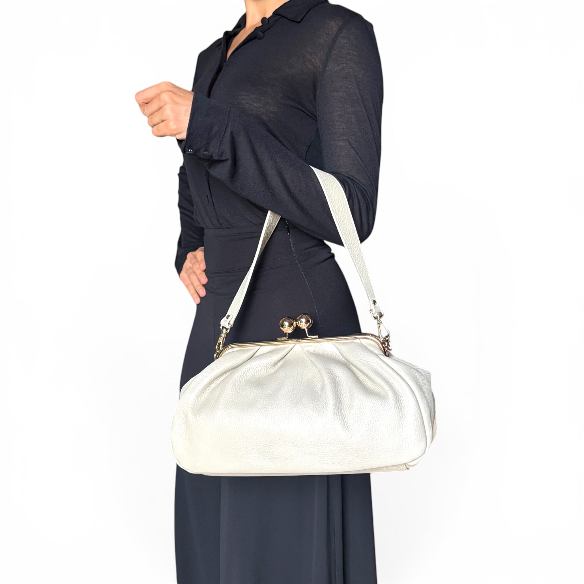 Large cream leather frame bag with gold hardware