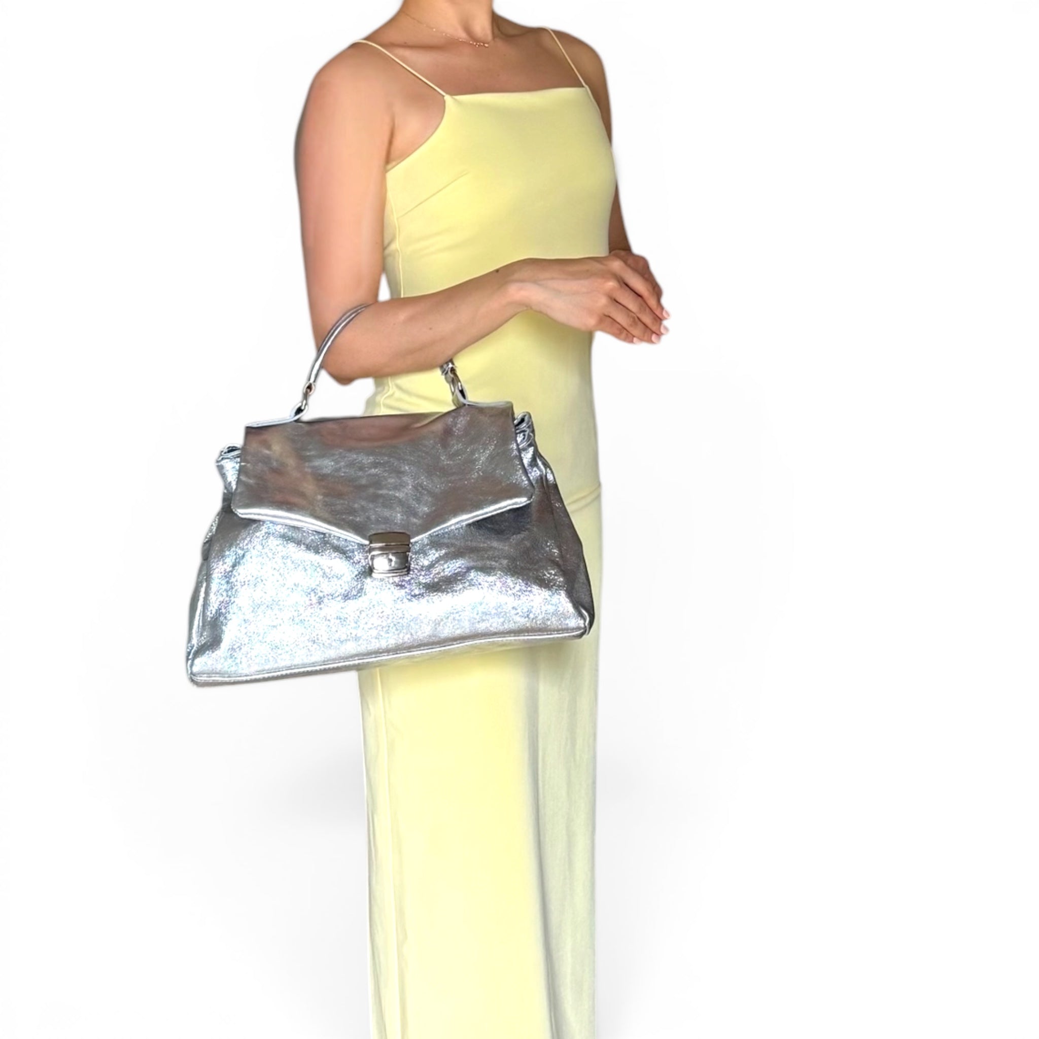 soft distressed metallic leather handbag crafted in Italy