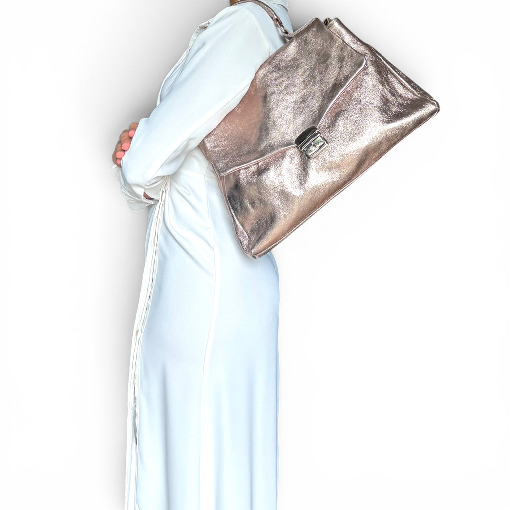 Handmade Italian leather metallic satchel with detachable strap
