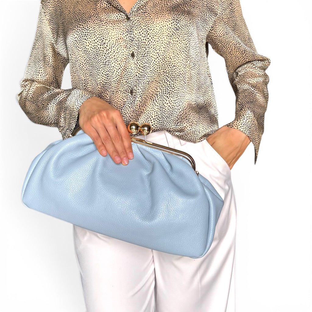 ky blue frame bag carried on hand
