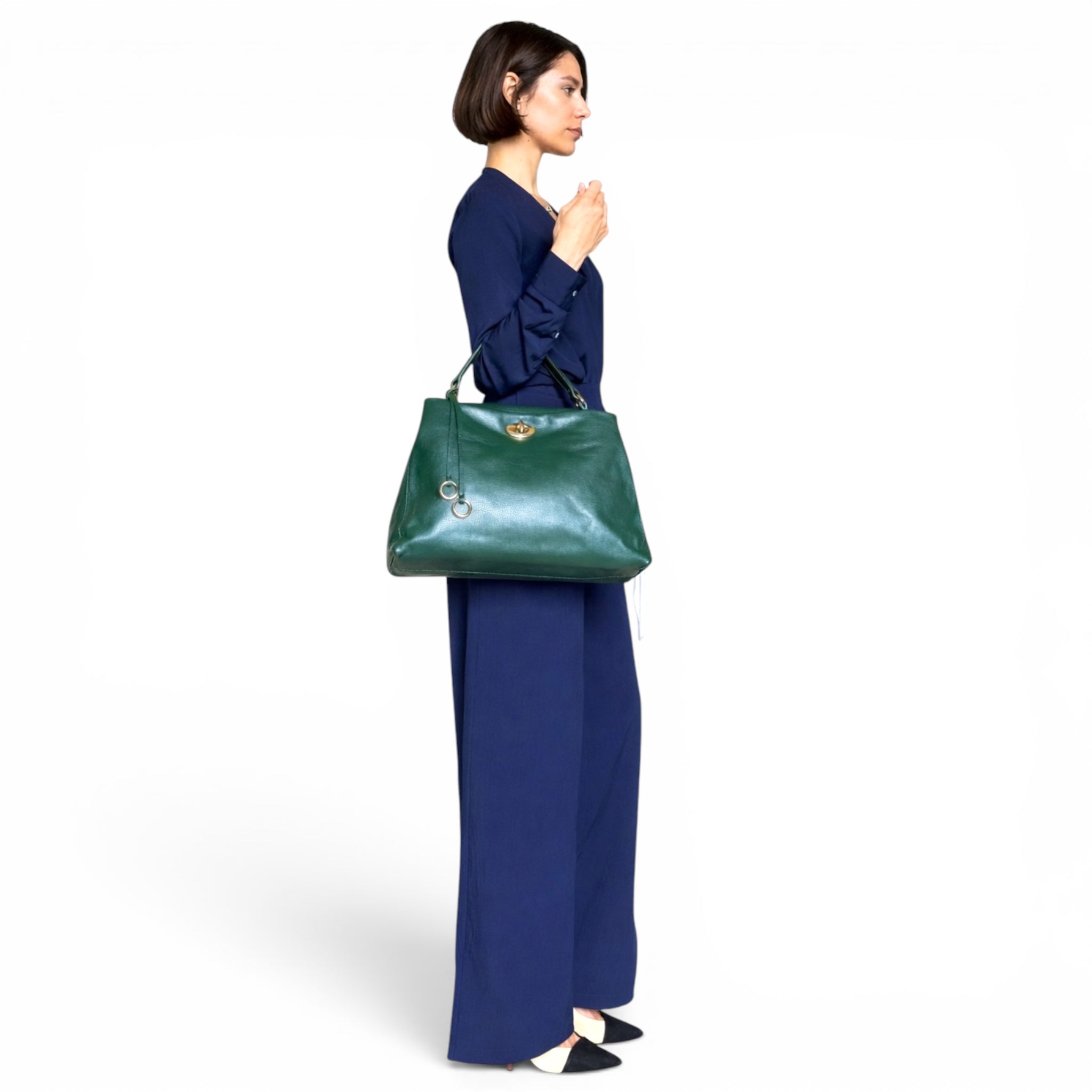 quiet luxury leather handbag front view