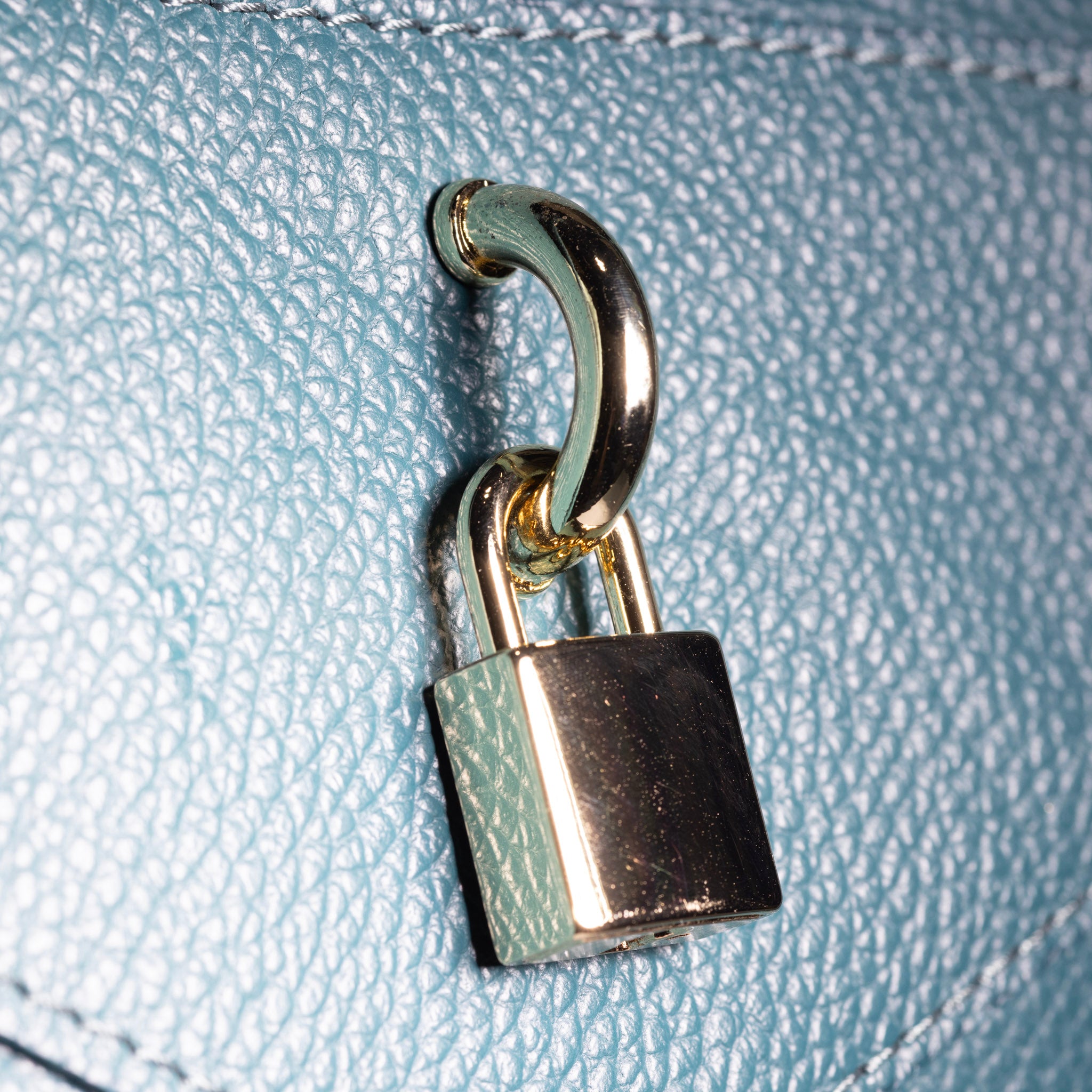 gold hardware detail on leather handbag