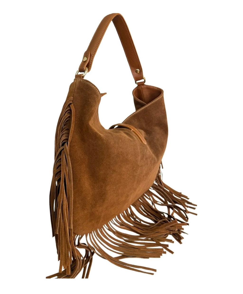 Large camel suede fringe hobo shoulder bag made in Italy