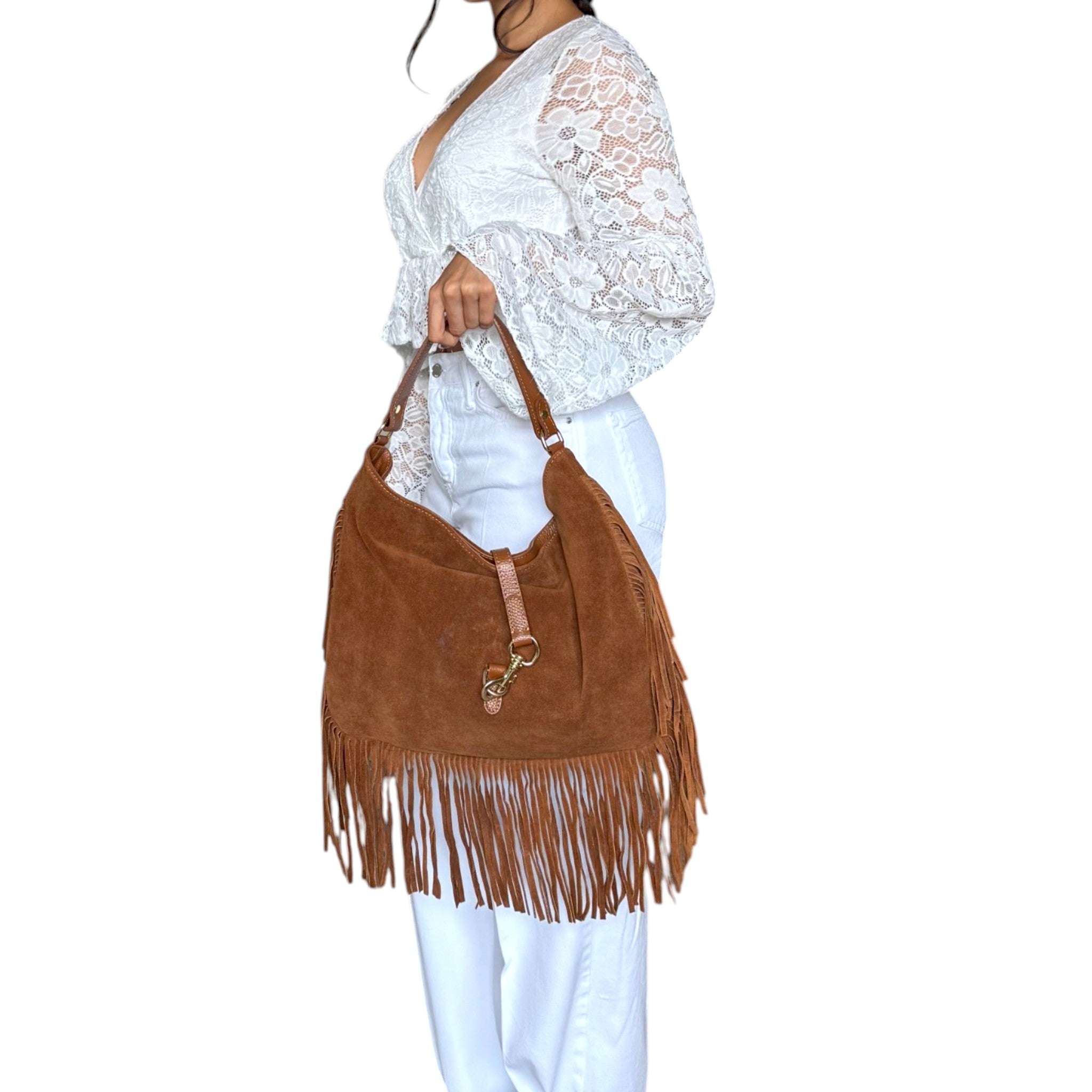 Women’s camel suede shoulder bag with long fringe detailing