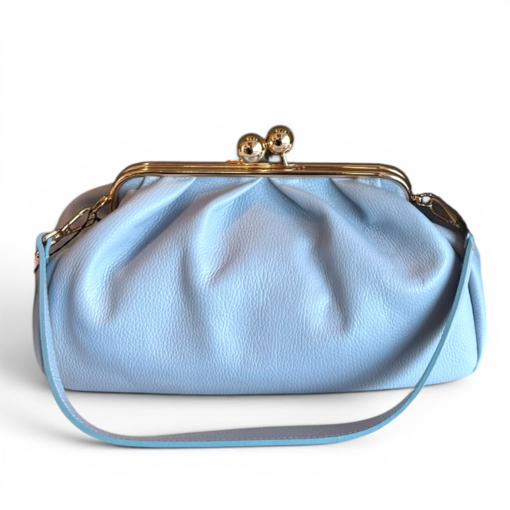 Sky blue leather clutch bag with gold frame closure