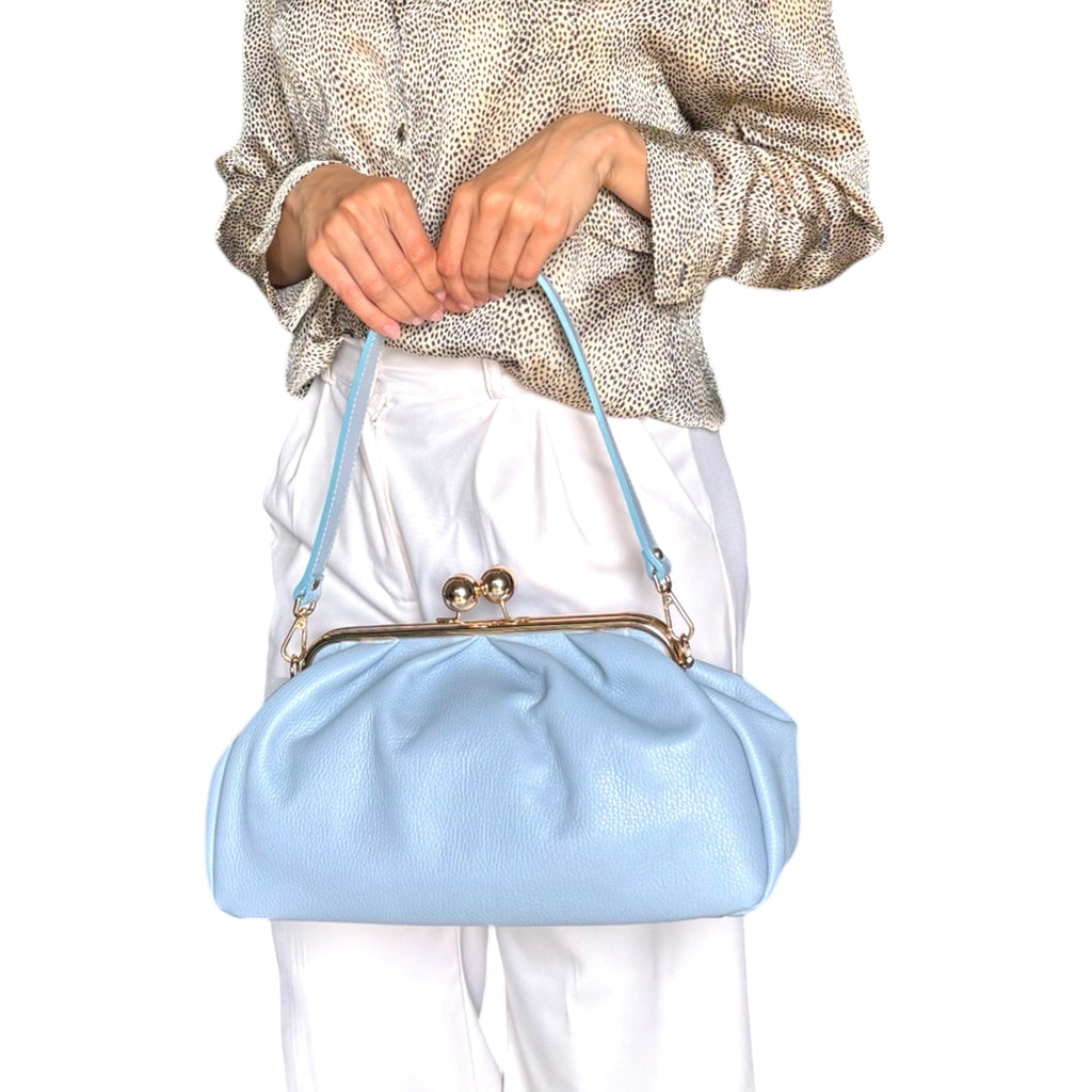 Soft Sky blue Italian leather shoulder bag worn by model