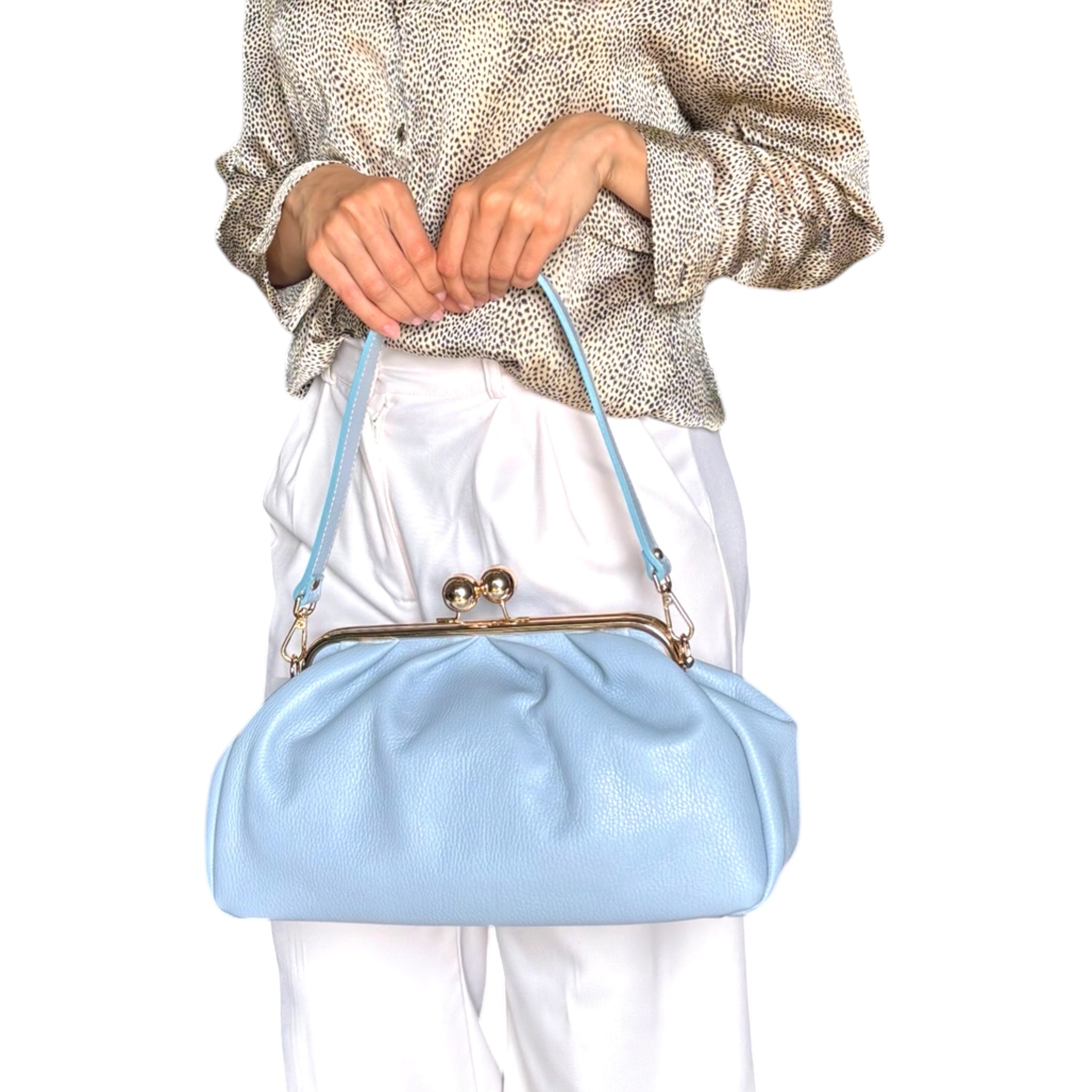 Soft Sky blue Italian leather shoulder bag worn by model
