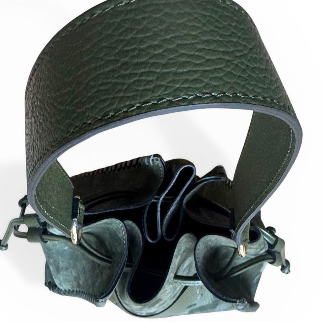 Stella handcrafted Italian suede bucket bag handle detail