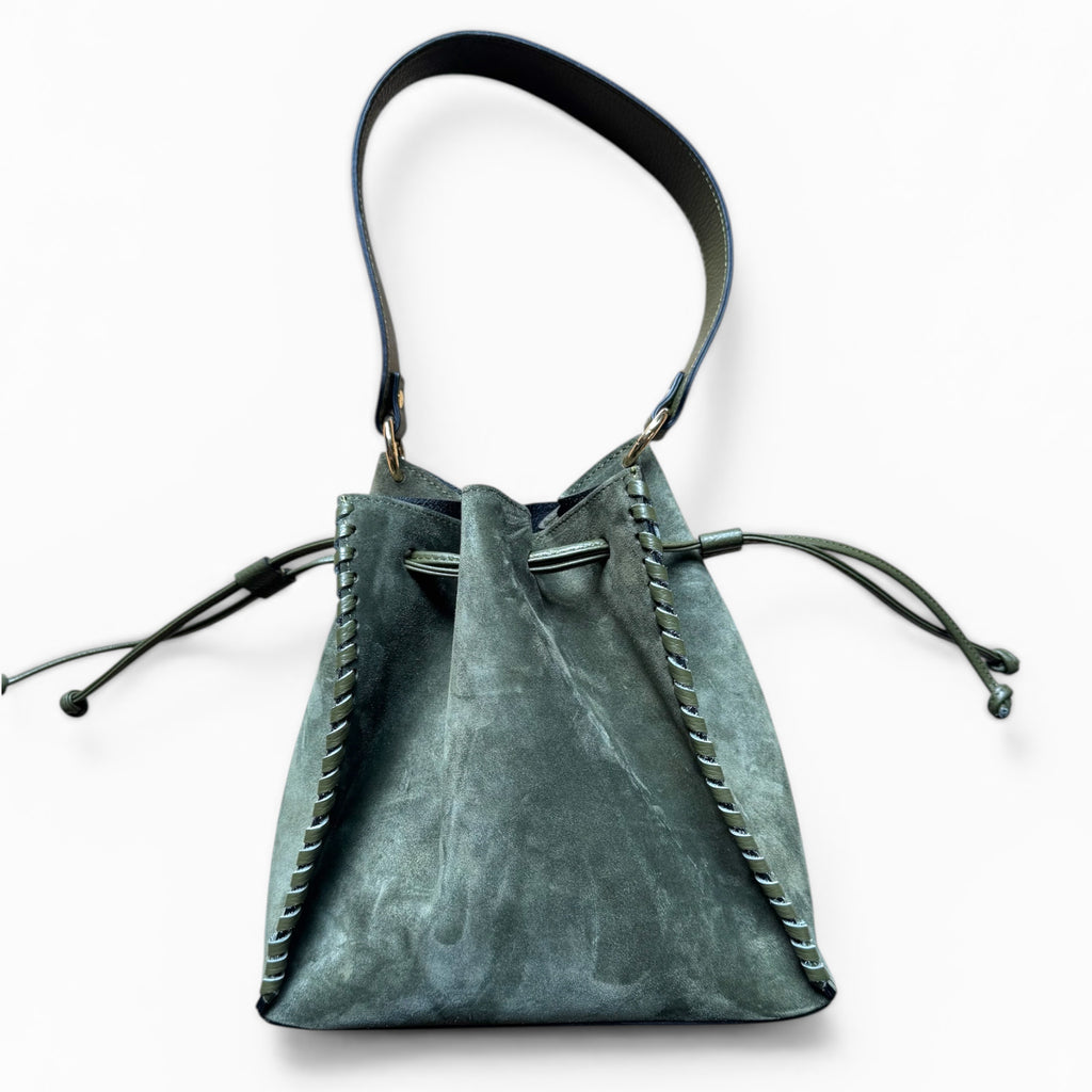 Stella handmade Italian suede bucket bag back view olive green