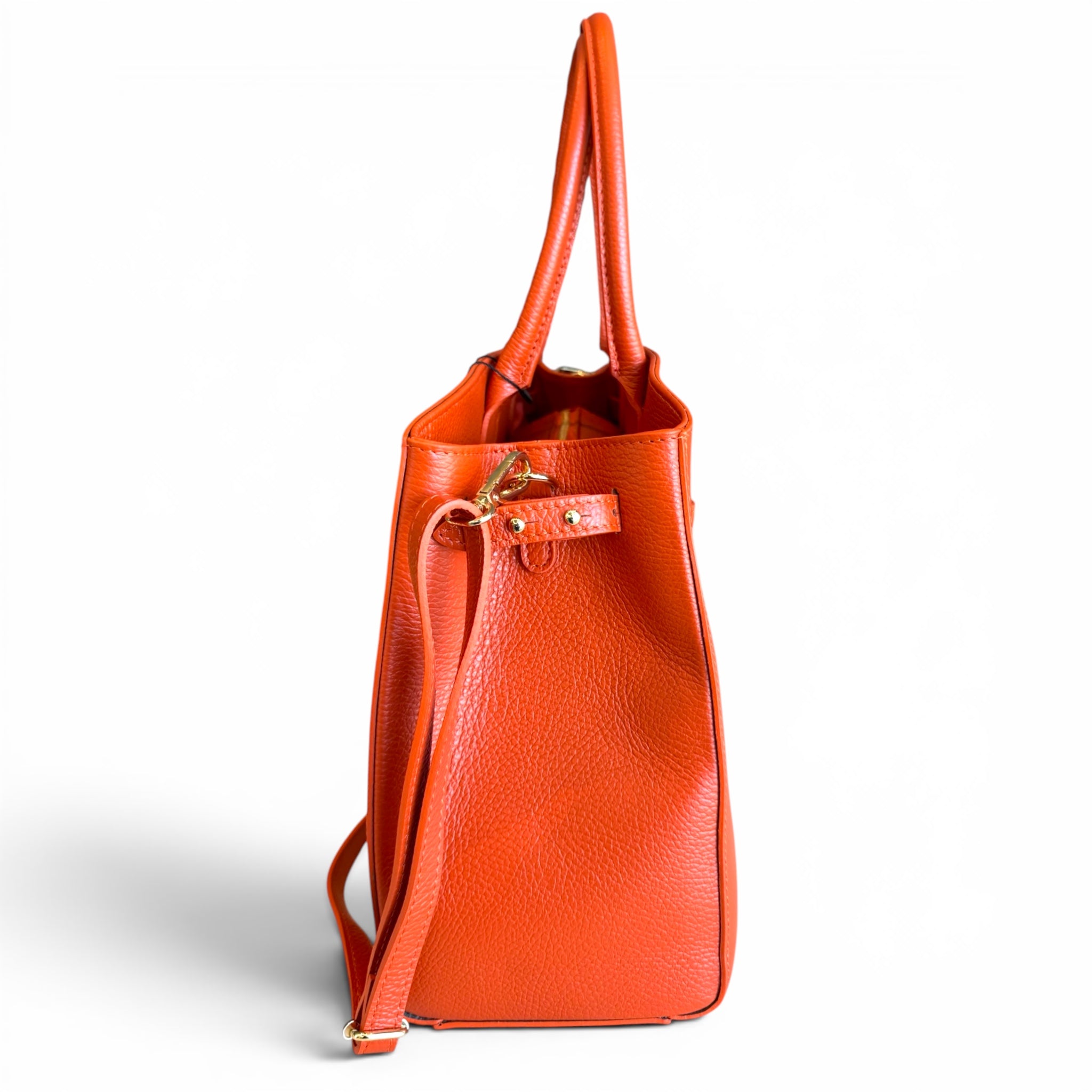 Structured Italian leather handbag side view with shoulder strap